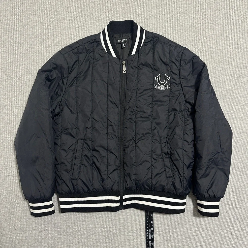 True Religion Black Vertical Quilted Varsity Bomber‎ Jacket 54308-00 Mens Size S